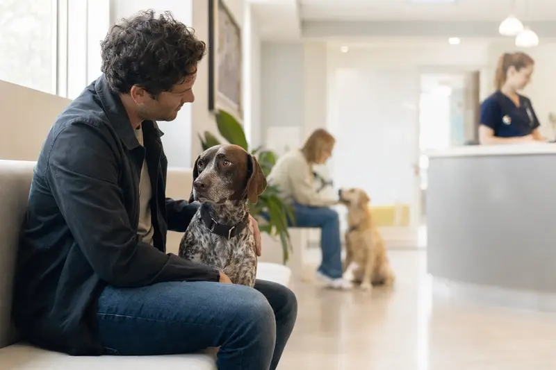 Ein Burgos-Hühnerhund sitzt ruhig neben seinem Besitzer im hellen Wartezimmer einer modernen Tierarztpraxis.